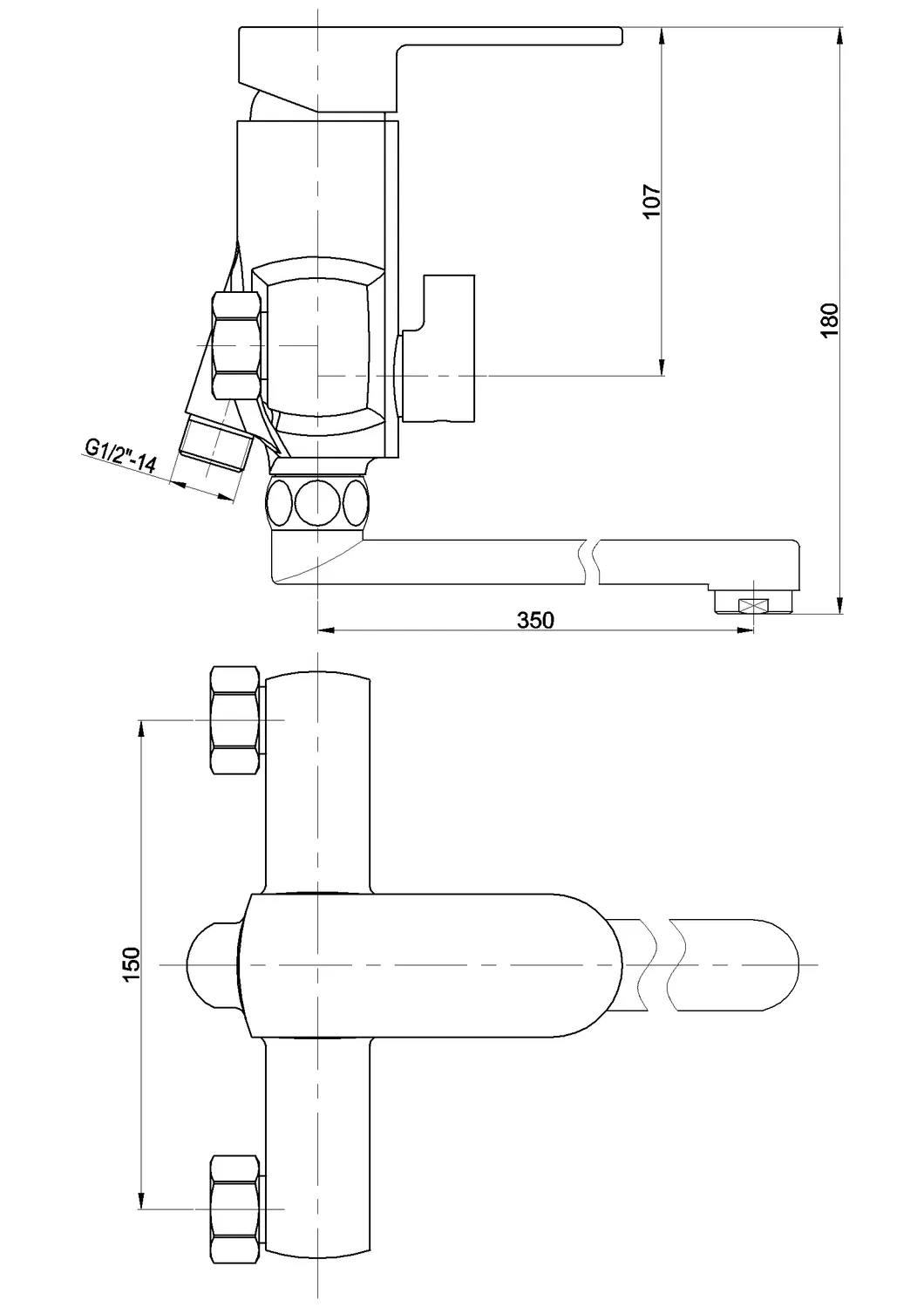 350mm Brass Spout Wall Mounted Exposed Bath Shower Faucet