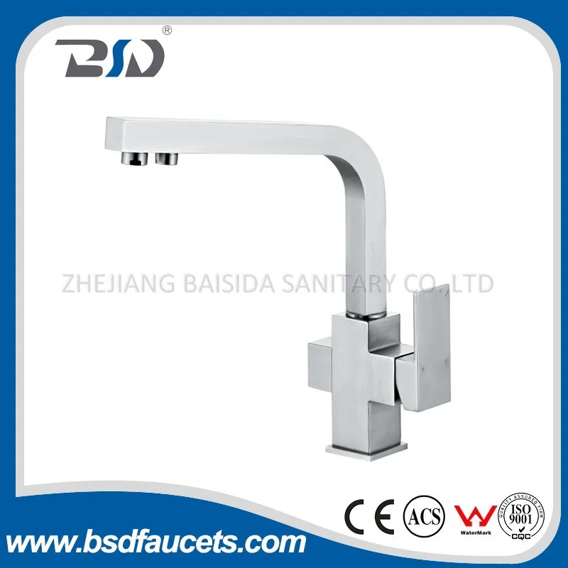 Brass Brushed Nickel Tri-Flow Dual Handles 3 Way Kitchen Faucet