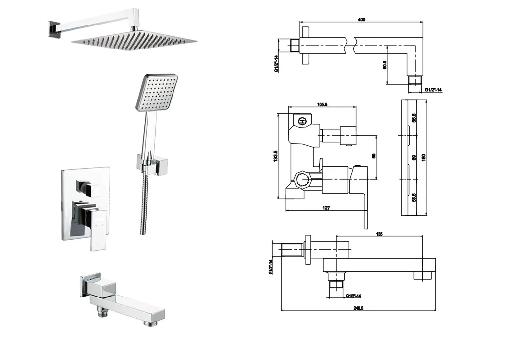Brass Square Spout Concealed Shower Faucet Set