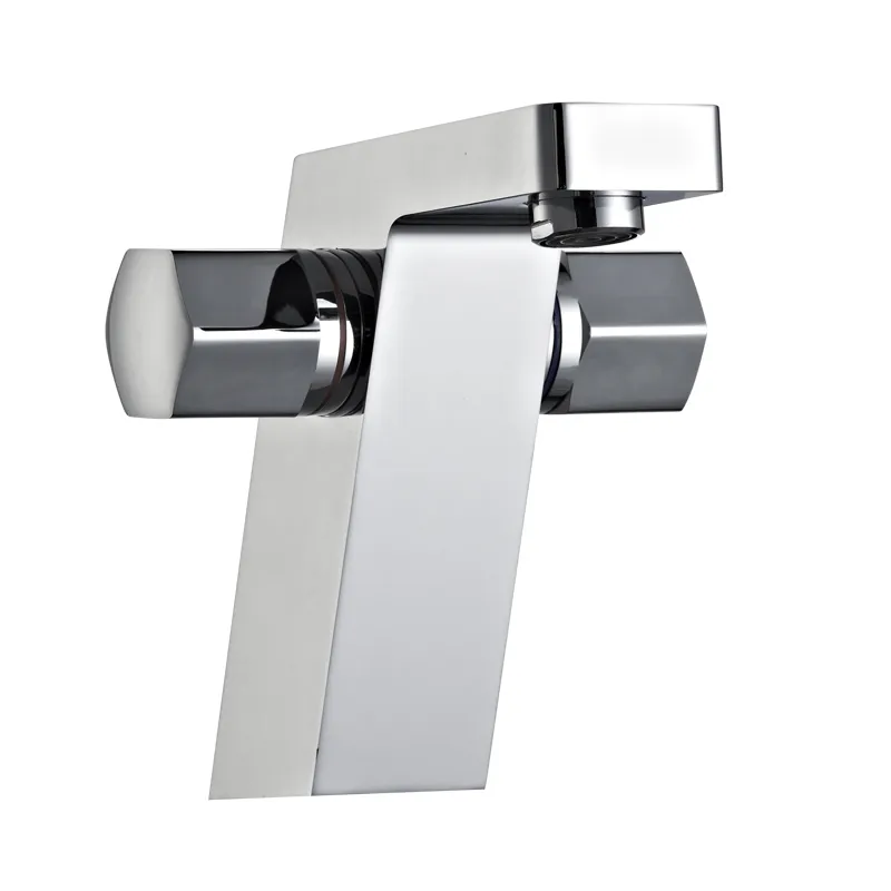 Brass Two Rhombus Round Handles Extended Waterfall Basin Faucet