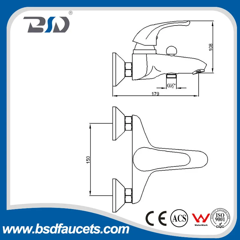 Chrome Brass Wall Mounted Single Lever Bath Mixer