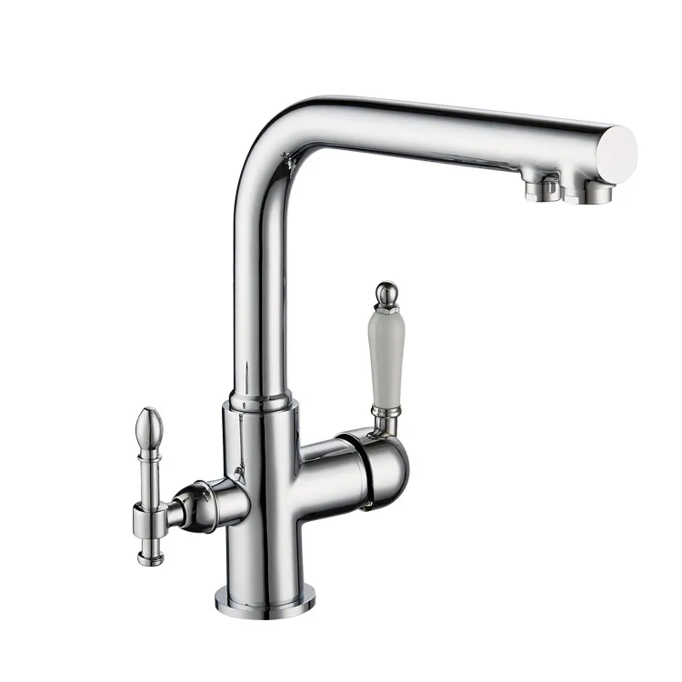 Chrome Deck Mount Ceramic Handle Brass Purified Sink Mixer Tri-Flow Kitchen Faucet