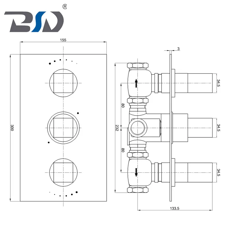Concealed Brass Square Knobs Triple Thermostatic Shower Mixer Valve
