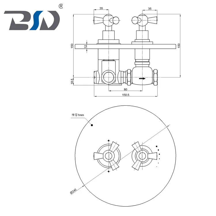 Concealed Thermostatic Shower Valve with Round Plate Twin Triangular Handle