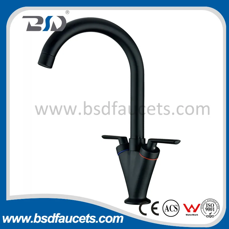 Deck Mounted Brass Kitchen Sink Faucet Mixer with Black Finish