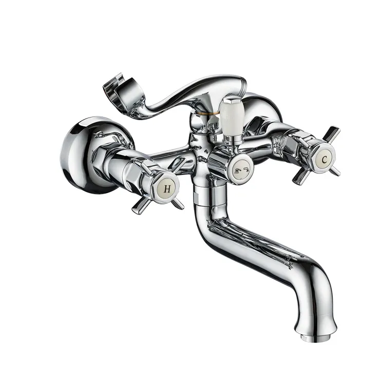 Double Cross Handle Wall Mounted Chrome Classic Bathroom Bath Faucet