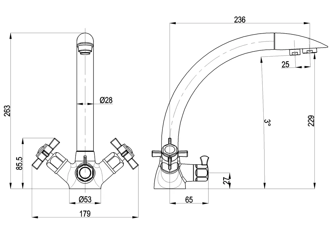 Double Handle 3-Way Kitchen Faucet for RO and Hot/Cold Water