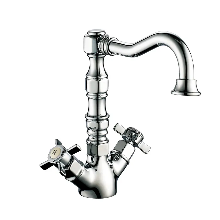 Dual Cross Lever Chrome Polished Kitchen Mixer Brass Sink Faucet