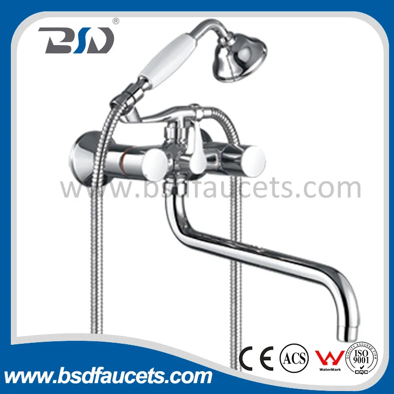 Dual Handle Bathroom Chrome Wall-Mount Traditional Brass Bath Faucet Mixer