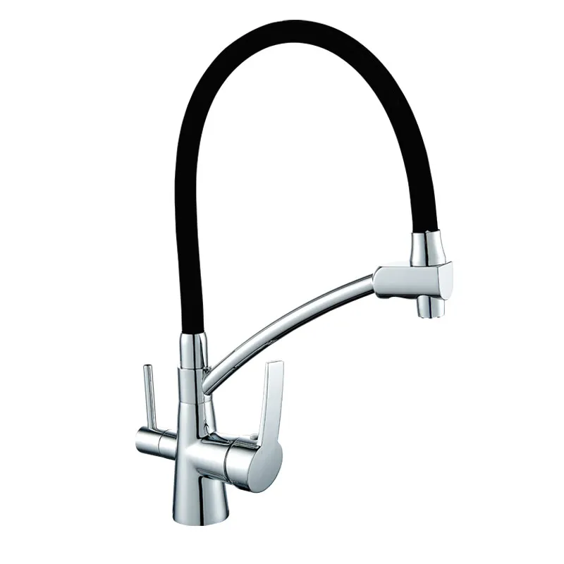 Dual Handles Chrome Colour Silicone Spout Three Way Drinking Water Kitchen Faucet