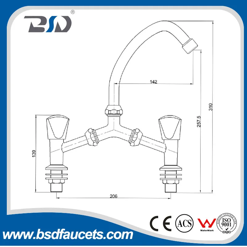 Dual Handles Chrome Deck Mounted Sink Mixer Brass Kitchen Faucet