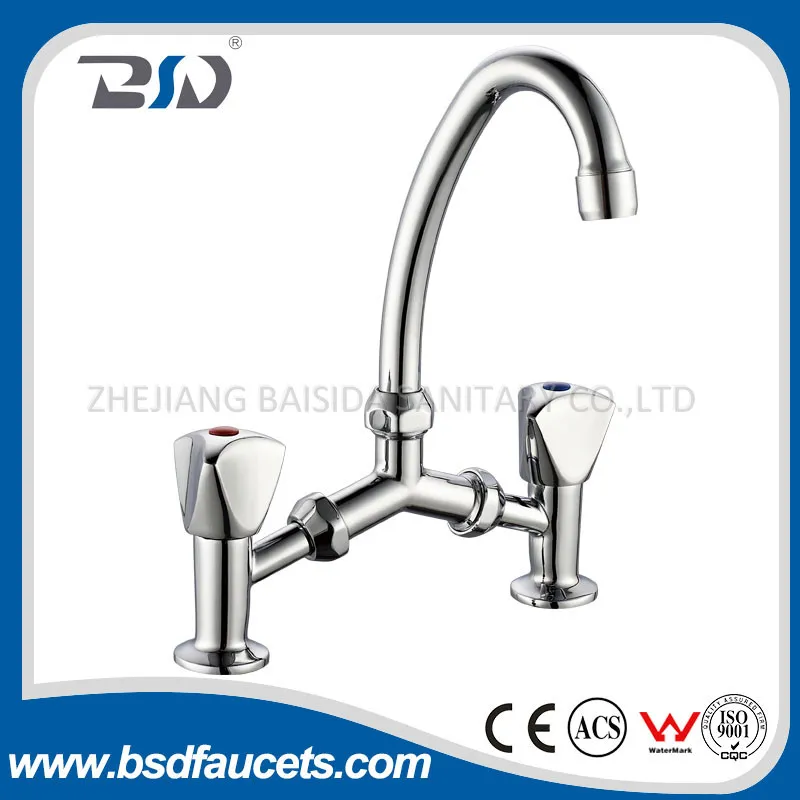 Dual Handles Chrome Deck Mounted Sink Mixer Brass Kitchen Faucet
