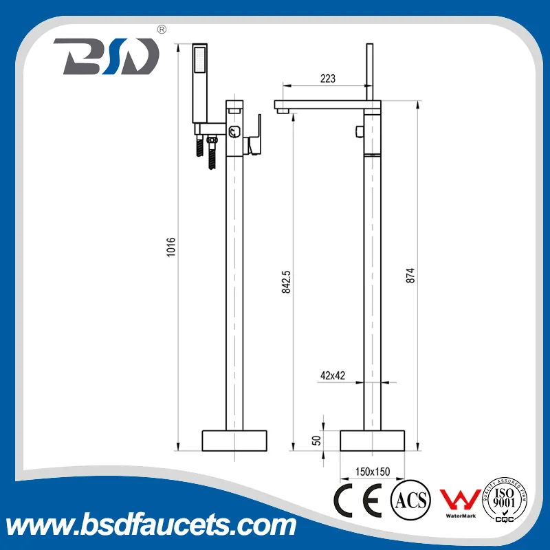 Modern Floor Mount Freestanding Bath Tub Faucet in Chrome Finish