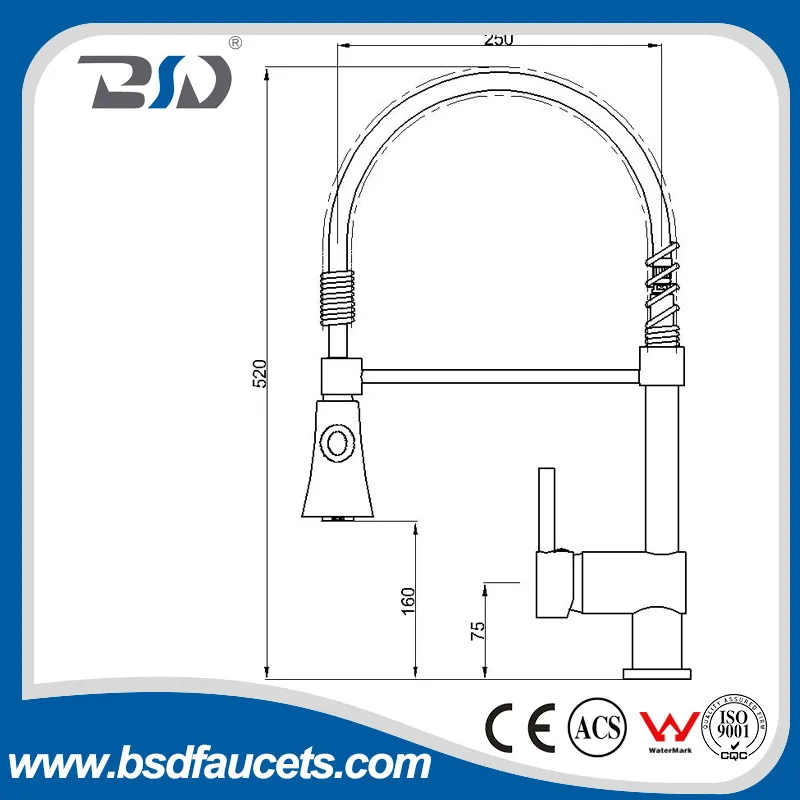 Single Lever Chrome Deck Mounted Brass Pull Down Kitchen Faucet