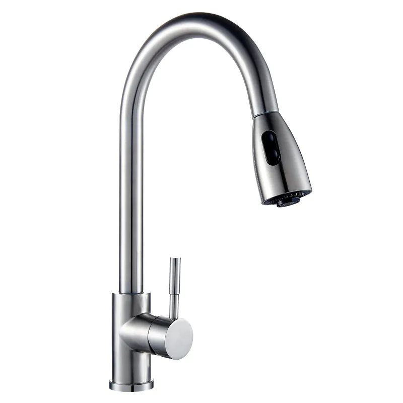Stainless Steel Single Handle Deck Mounted Brushed Pull Down Kitchen Sink Faucet