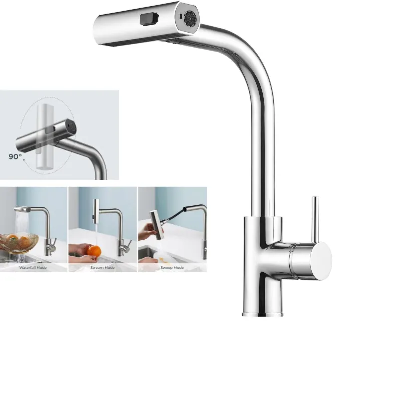 Swiveling Sprayer Triple Water Outlet Pull out Waterfall Rain Sink Faucet