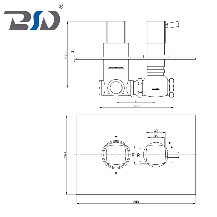 Twin Concealed Square Handles Brass Chromed Thermostatic Shower Valve