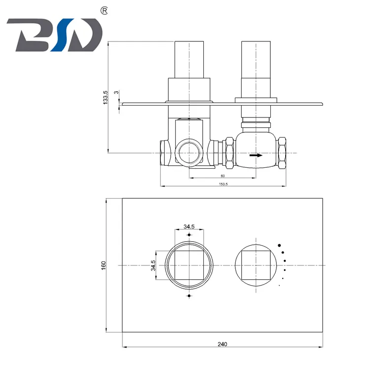 Twin Concealed Thermostatic Shower Valve with Square Handle Rectangular Plate
